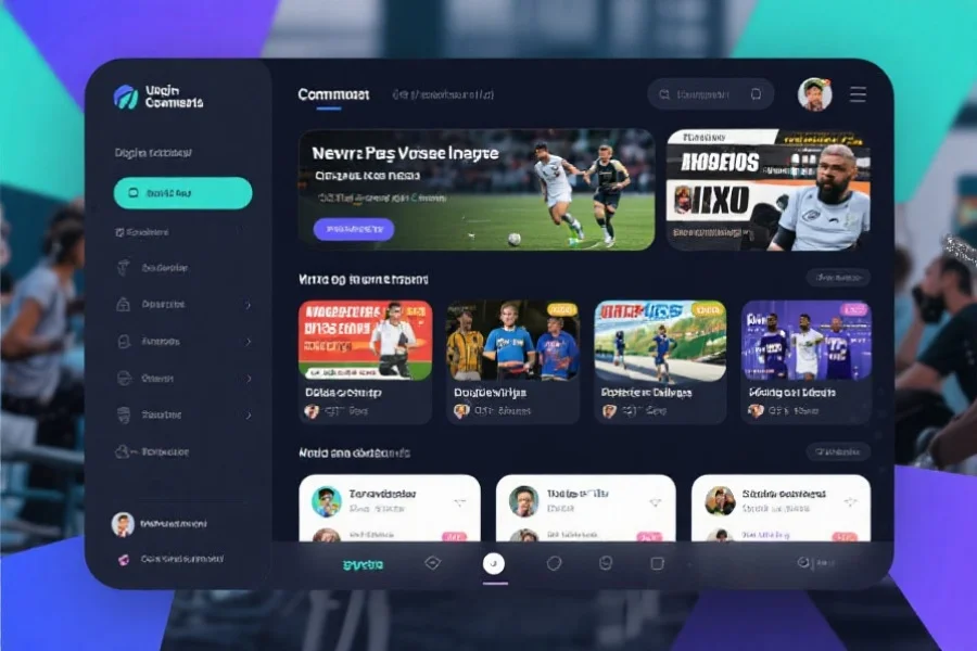 现代化数字社区界面，显示各种体育新闻、线上讨论和活动预告，用户在界面上积极互动