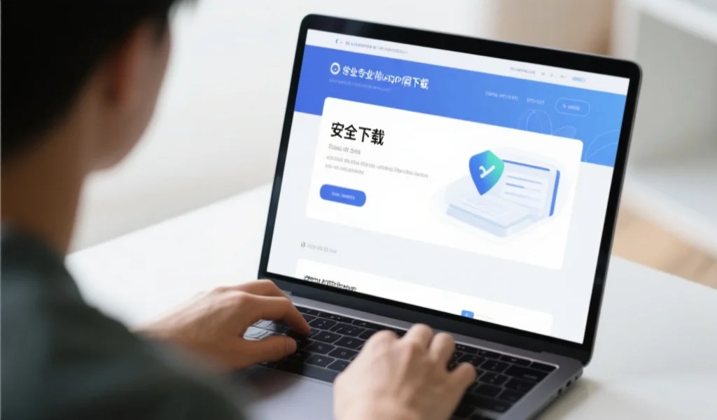 一位用户正在使用笔记本电脑浏览一个现代化、专业的应用官网下载页面,页面界面简洁明亮,突出“安全下载”字样