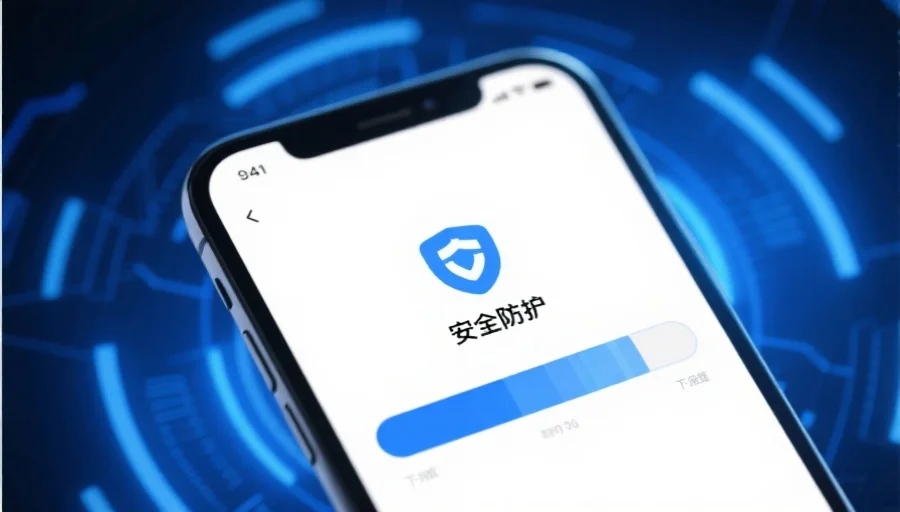 一台智能手机屏幕上显示应用下载进度条,背景为科技感蓝色,突出“安全防护”图标